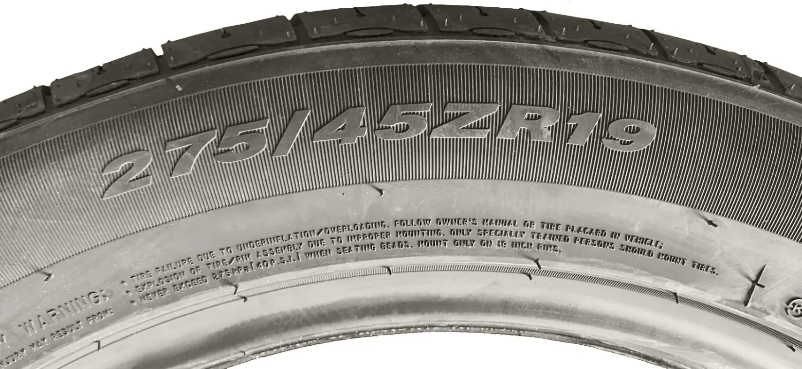 Маркировка размера шины 275/45 ZR19 на боковине (ширина, профиль, диаметр)