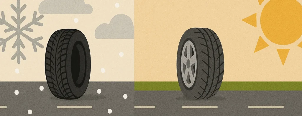 Иллюстрация сезонных шин: зимняя шина на фоне снега и летняя шина на фоне солнца