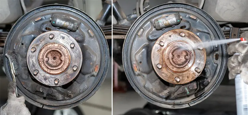 Очищення барабанних гальм: щиток, маточина та механізм до і після обробки гальмівним очисником (brake cleaner)