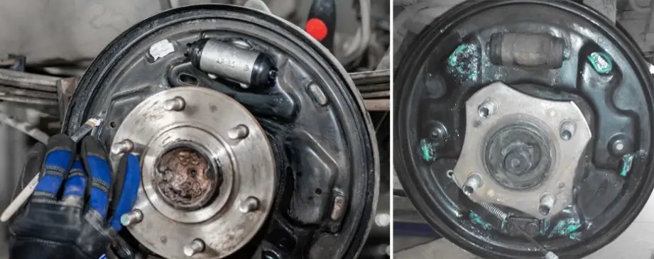 Барабанні гальма після чистки: вузол маточини та щиток до й після обробки, нанесення мастила на опорні точки колодок