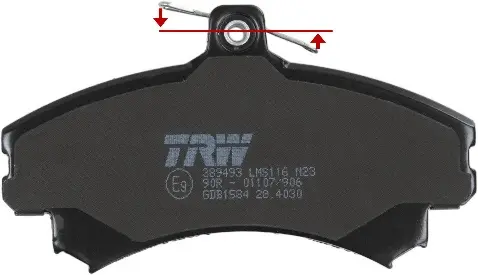 Тормозная колодка TRW с маркировкой и размерами, отмеченными стрелками