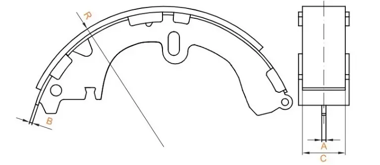Креслення гальмівної колодки барабанних гальм: радіус (R), ширина накладки (B) та розміри по товщині (A, C)