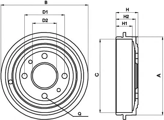 Чертёж тормозного барабана с размерами: диаметры D1/D2, ширина B, высота A, посадочные размеры H/H1/H2, общая глубина C