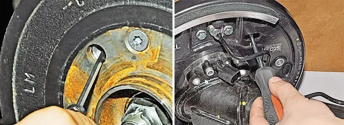 Снятие тормозного барабана: отжим через технологическое отверстие и отсоединение датчика ABS/проводки на тормозном щите