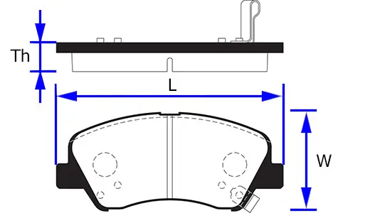 Схема гальмівної колодки: розміри товщина (Th), довжина (L) і ширина (W)