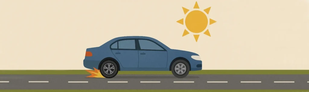 Иллюстрация перегрева шины летом: автомобиль на дороге под солнцем, нагрев у колеса