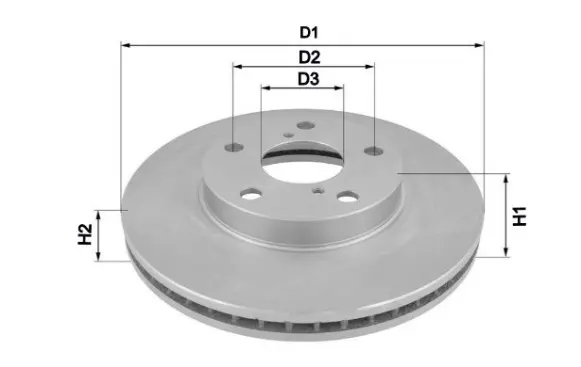 Схема розмірів гальмівного диска: діаметри D1–D3 та висота/виліт H1–H2