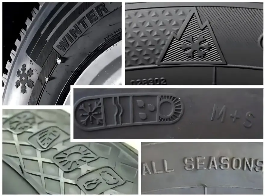 Маркировка сезонности шин: WINTER, символ 3PMSF (гора со снежинкой), M+S и ALL SEASONS