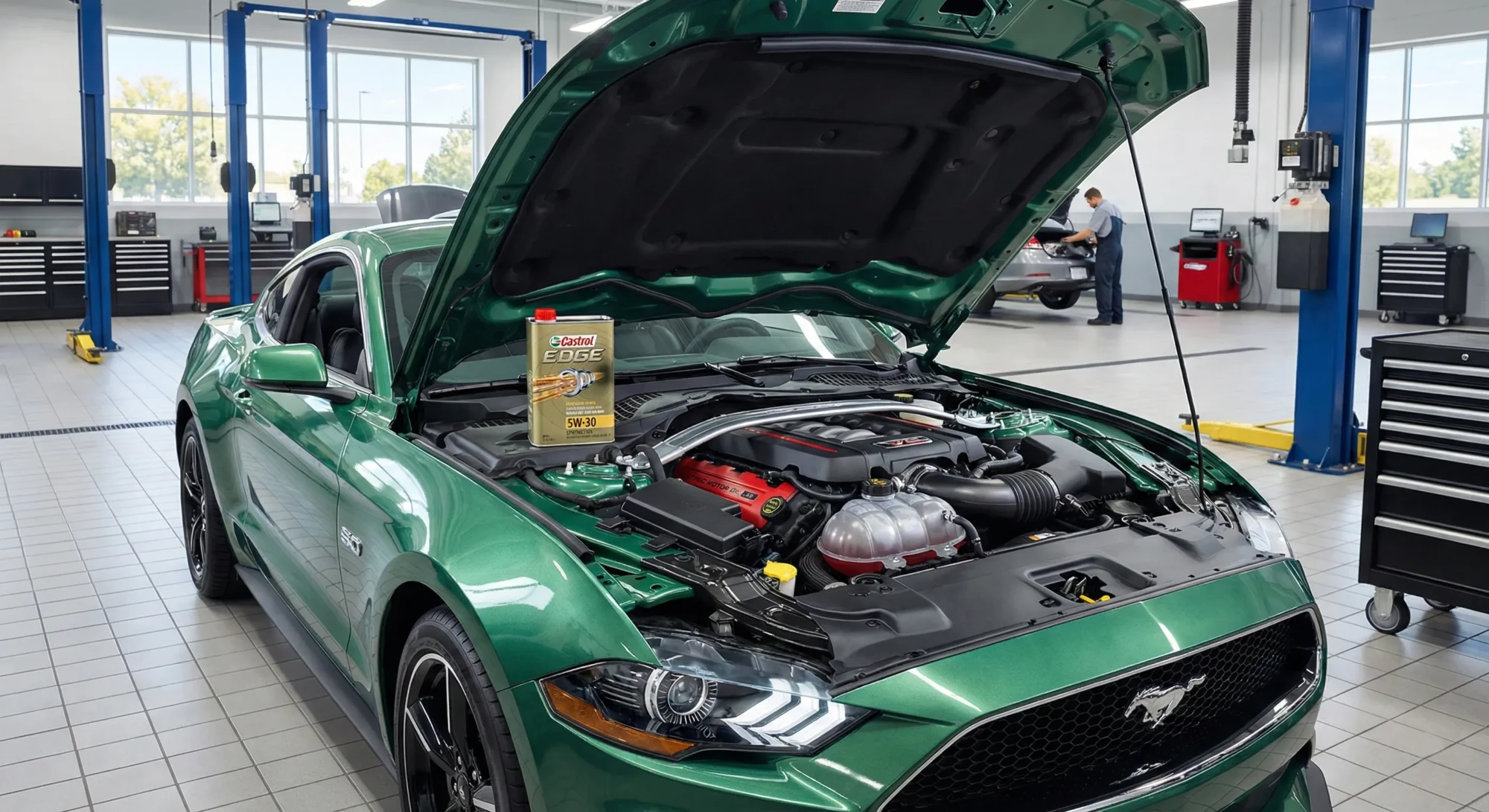 Заміна масла в спорткарі: металева каністра Castrol EDGE 5W-30 під капотом Ford Mustang 5.0 на СТО.