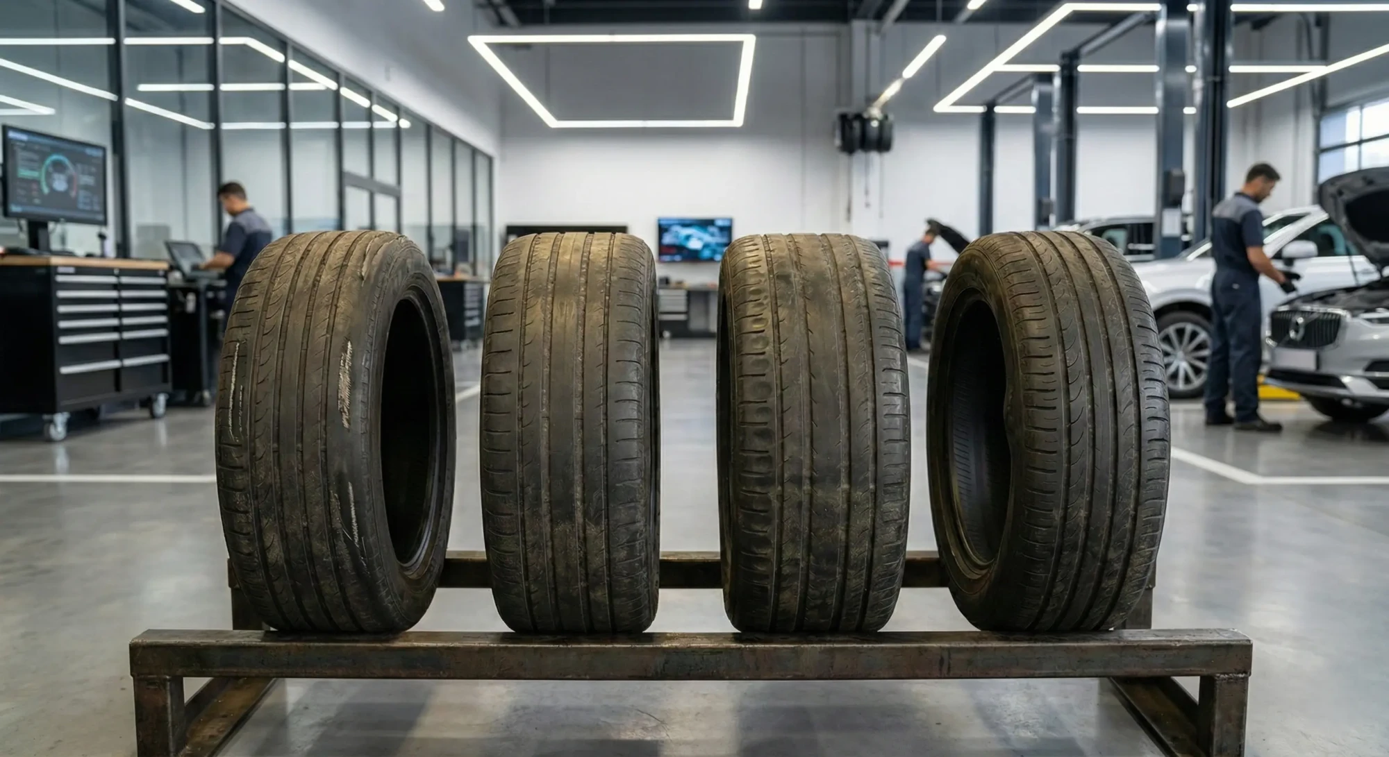 Зношені автомобільні шини з різними типами зносу протектора в автосервісі (приклади для діагностики)