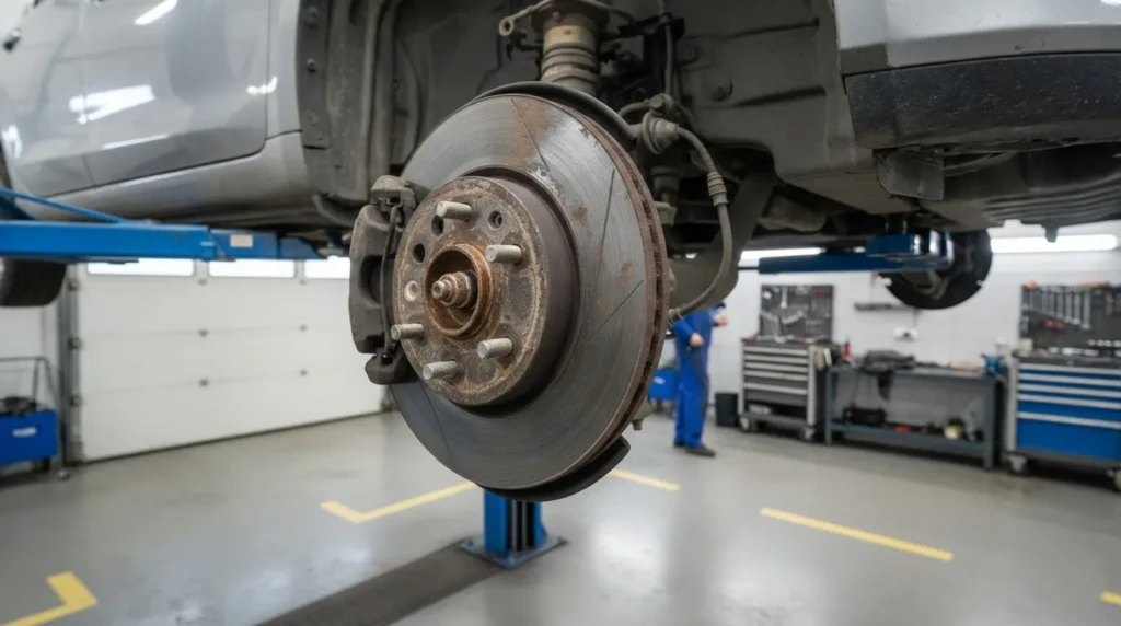 Переднє дискове гальмо на підйомнику: гальмівний диск, супорт і маточина без колеса