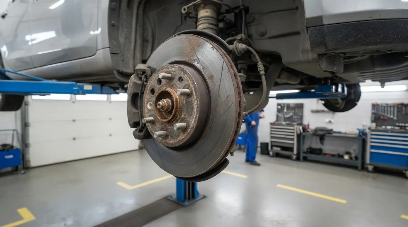 Переднє дискове гальмо на підйомнику: гальмівний диск, супорт і маточина без колеса