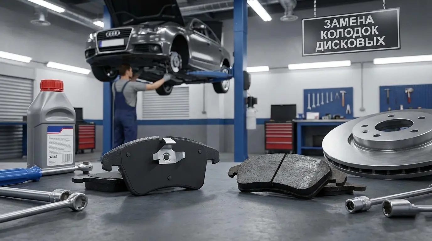 Заміна дискових гальмівних колодок і гальмівного диска на СТО: колодки, диск і інструмент на верстаку