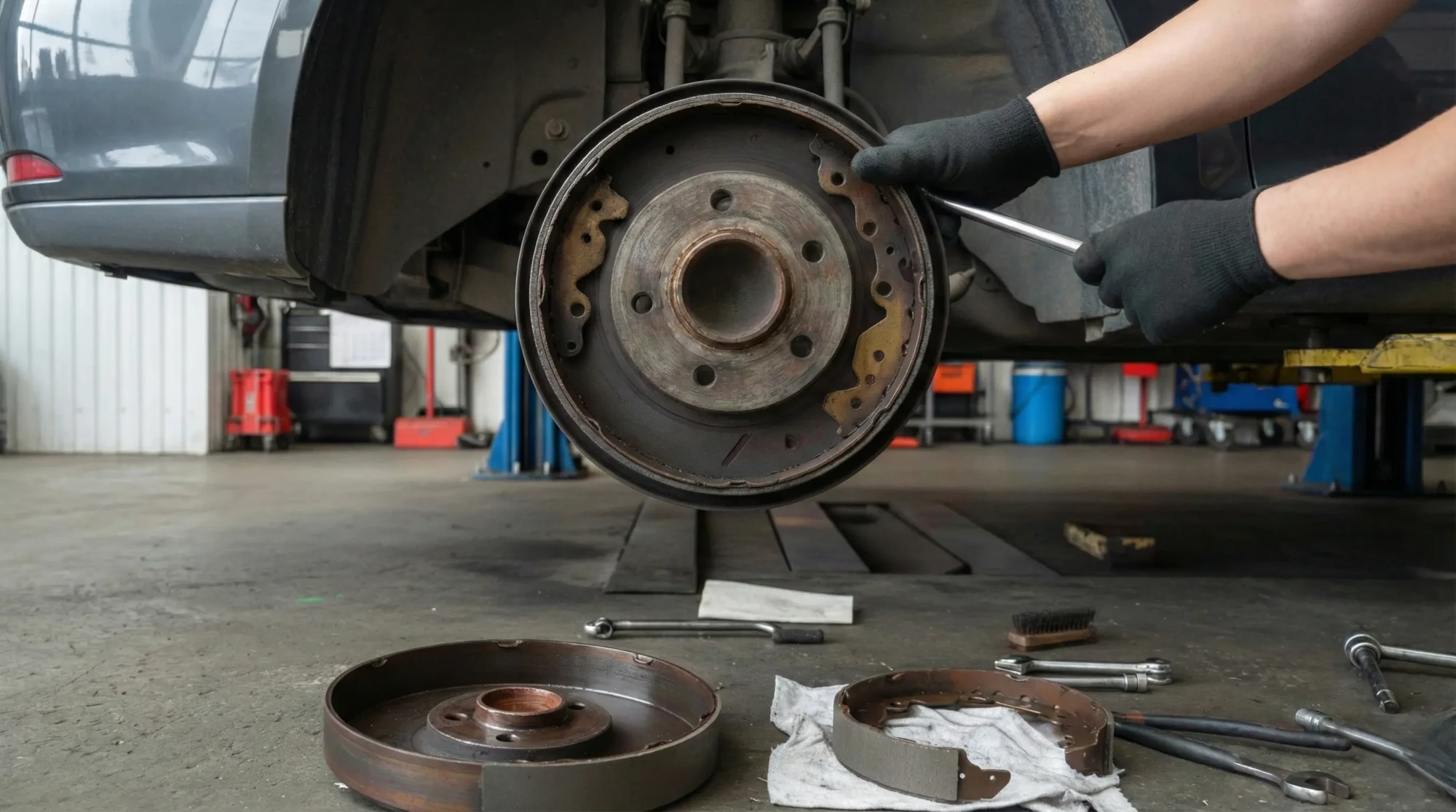 Барабанні гальма після розбирання: знятий гальмівний барабан і колодки, перевірка механізму на підйомнику