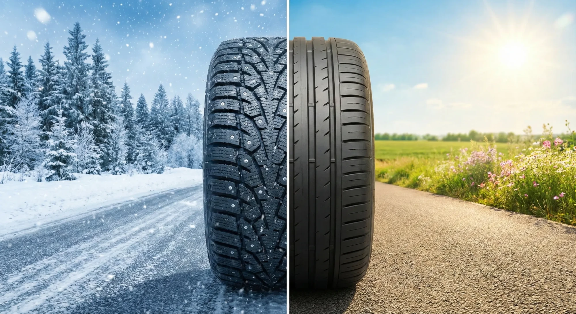 Порівняння зимової та літньої шини: зимова дорога зі снігом і шипована шина vs суха літня дорога та літній протектор
