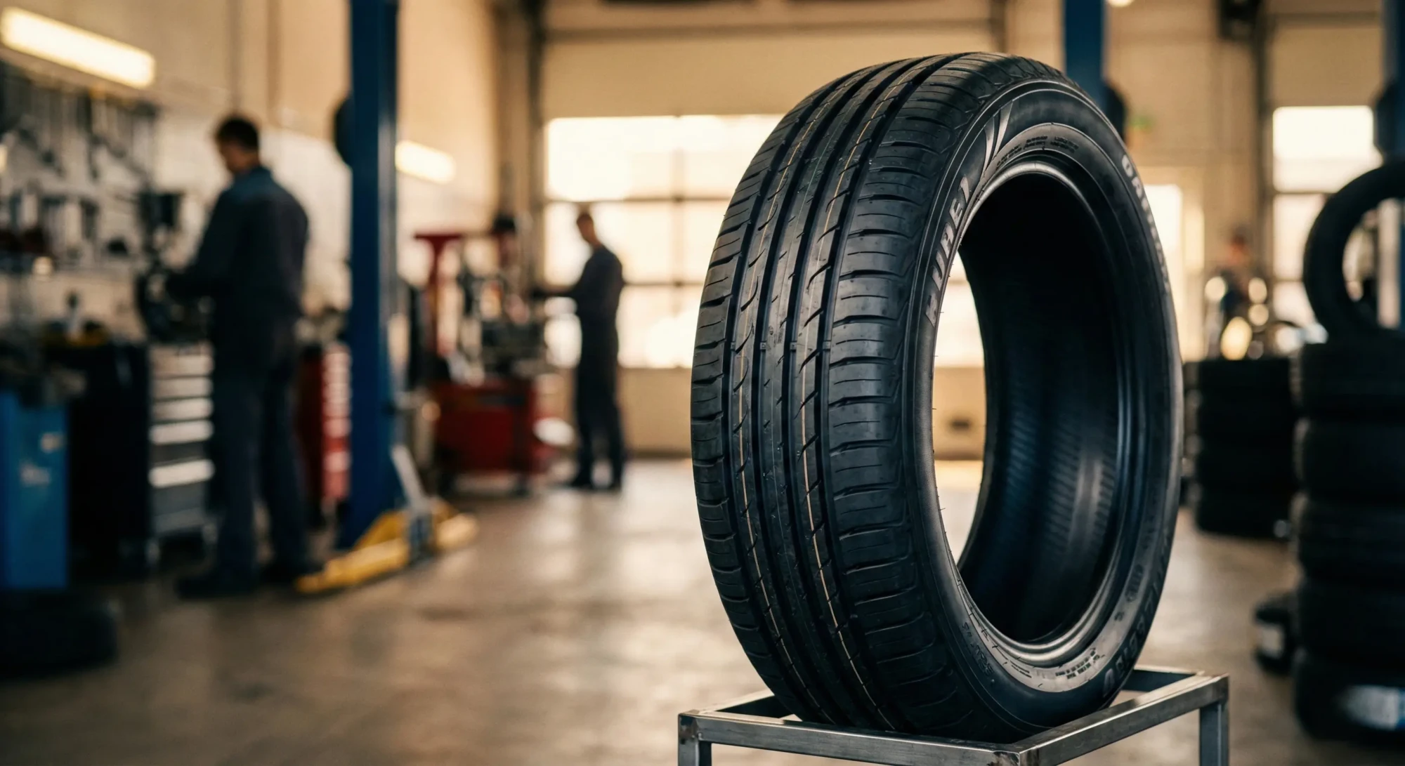 Автомобільна шина в шиномонтажі/сервісі на фоні майстерні та працівників