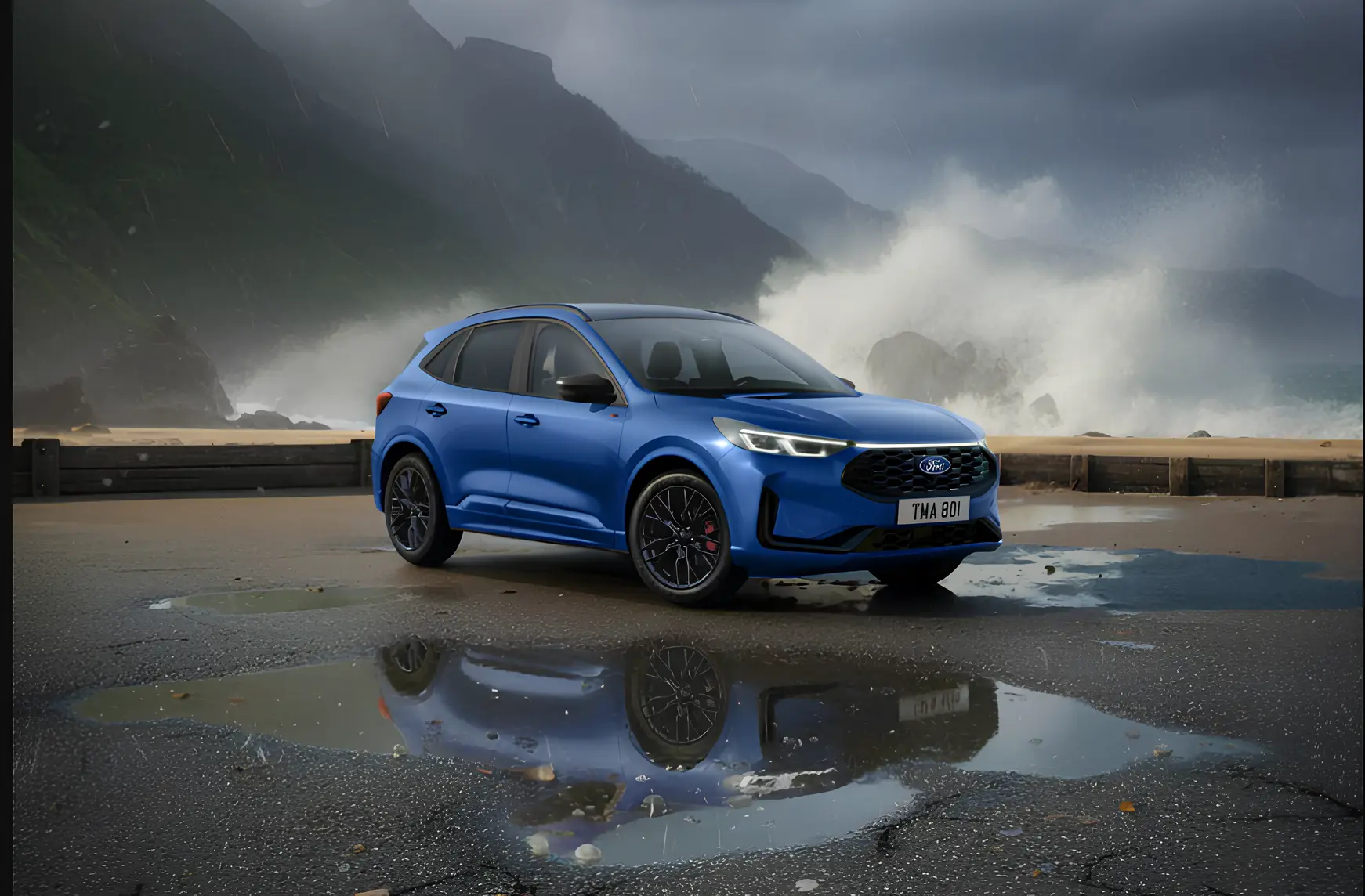 Синій кросовер Ford на мокрій прибережній дорозі. Позаду — великі хвилі та темні гори. На асфальті видно віддзеркалення в калюжі.