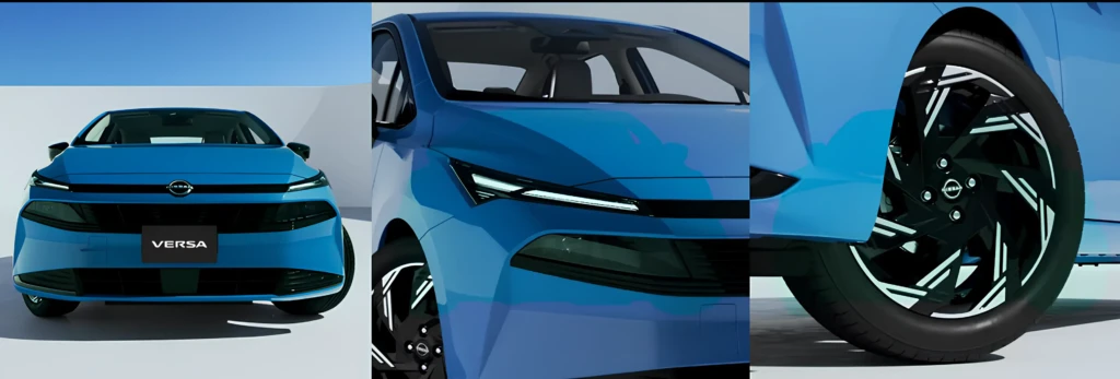 Колаж Nissan Versa: вигляд спереду, крупний план фари та дизайн легкосплавного диска, синій кузов
