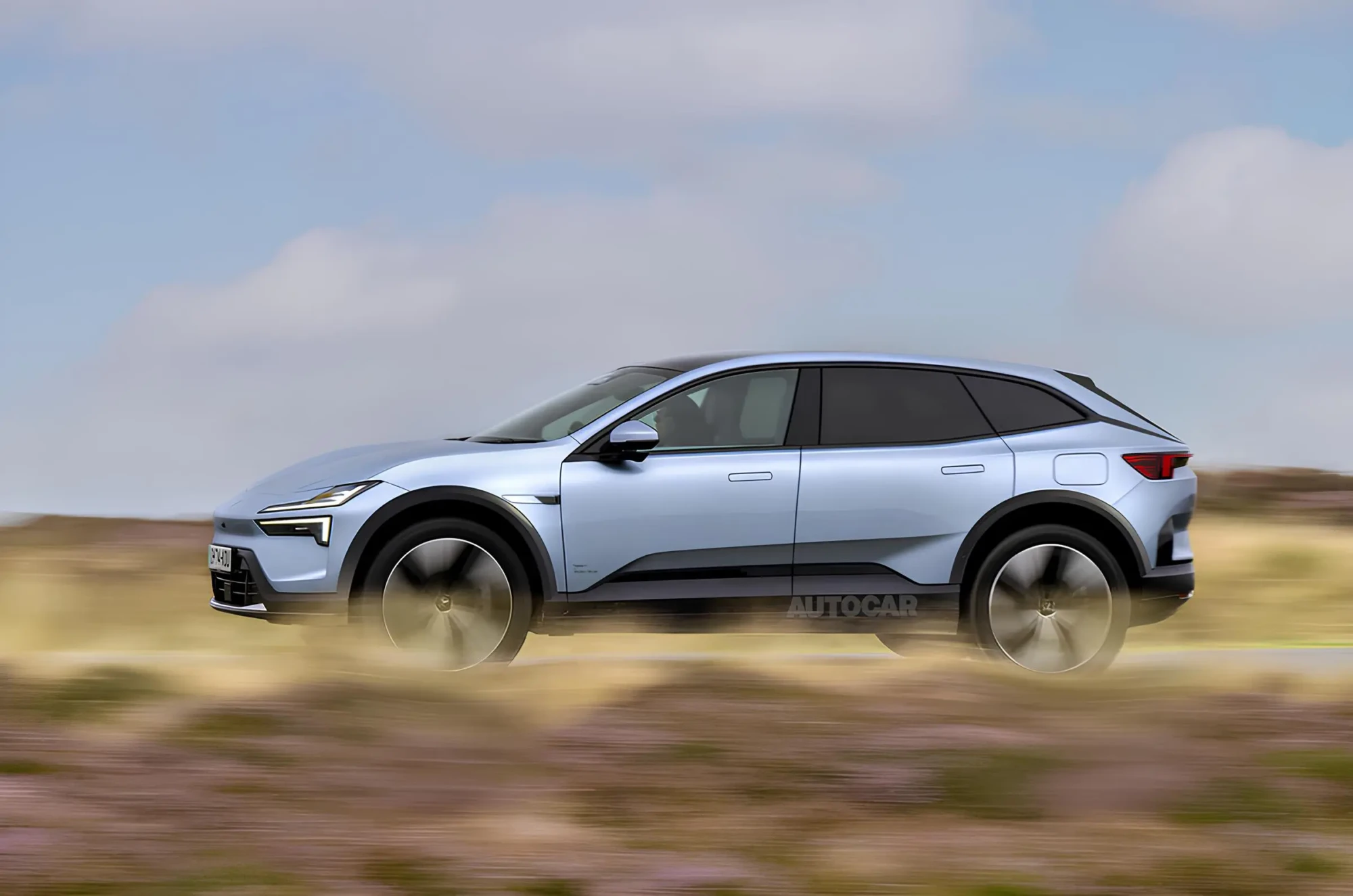 Рендер електричного універсала Polestar 4 (estate): бічний профіль світло-блакитного електрокросовера