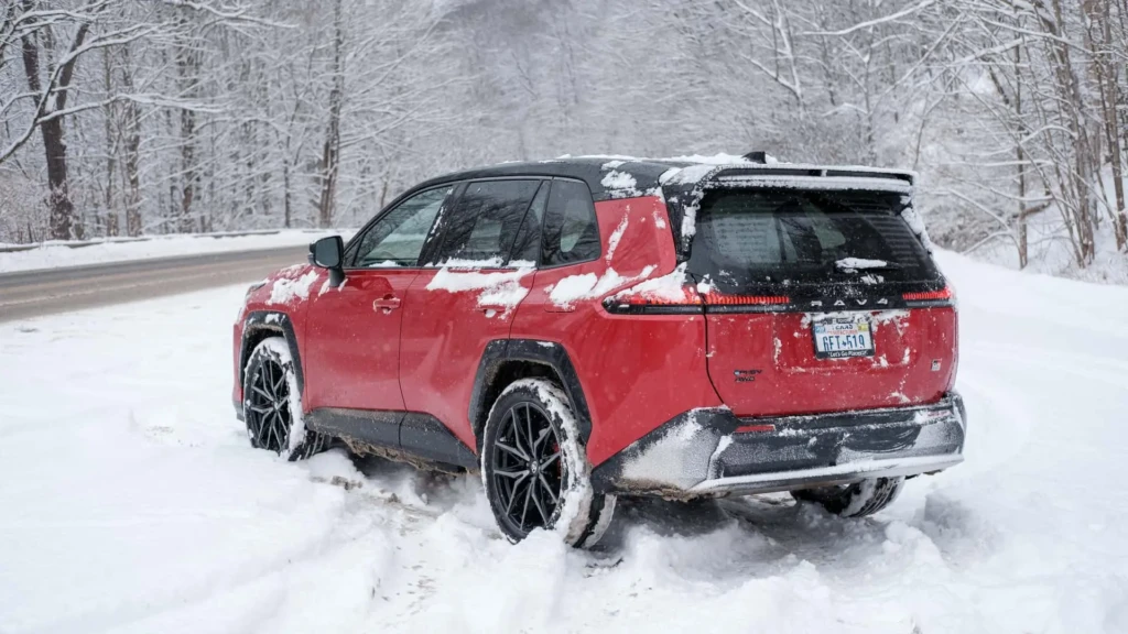Красный Toyota RAV4 на снегу: задний ракурс кроссовера на зимней дороге у леса