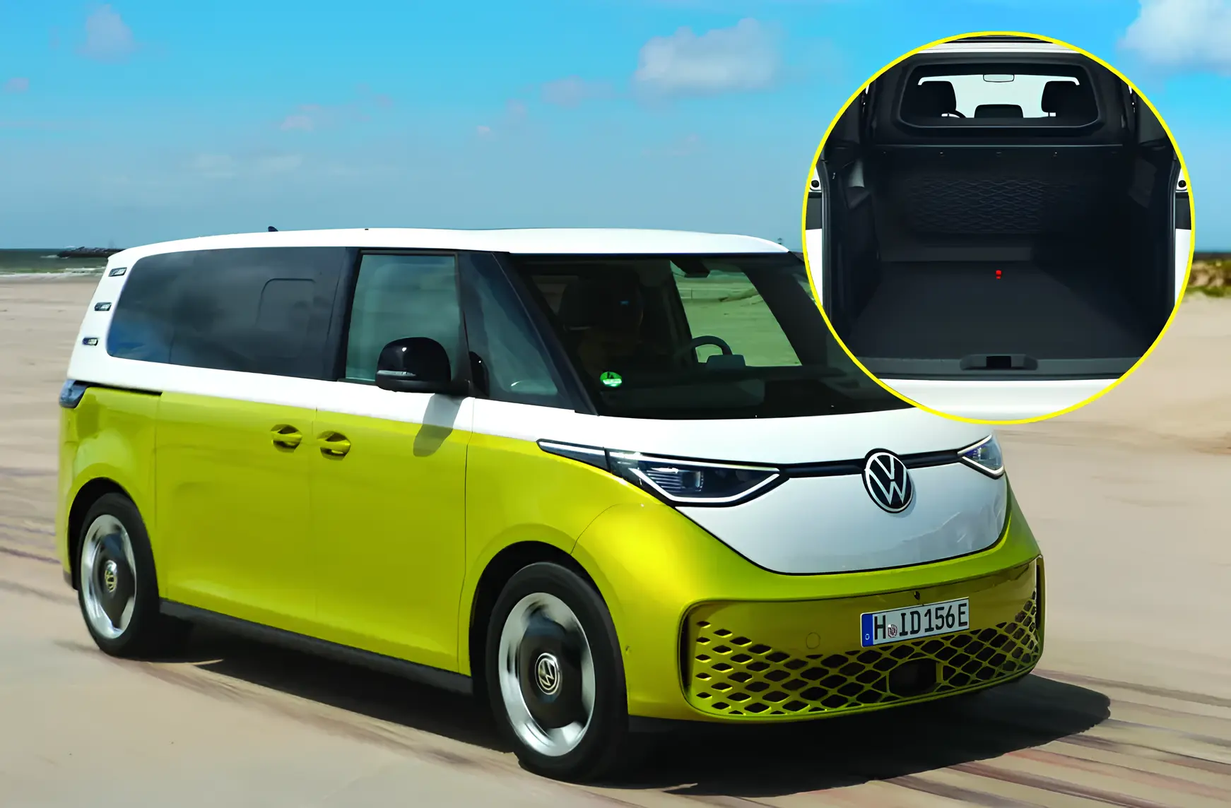 Volkswagen ID. Buzz: електричний мінівен на дорозі, жовто-білий кузов; вставка з багажником
