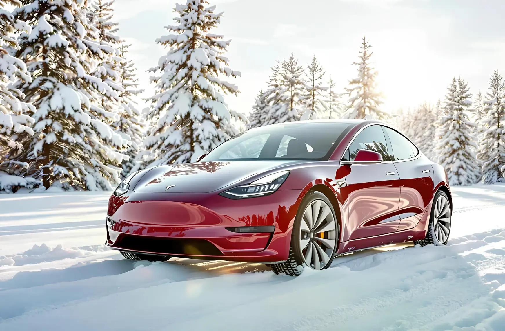 Червоний електромобіль Tesla на снігу: зимова їзда та запас ходу в мороз, передній ракурс