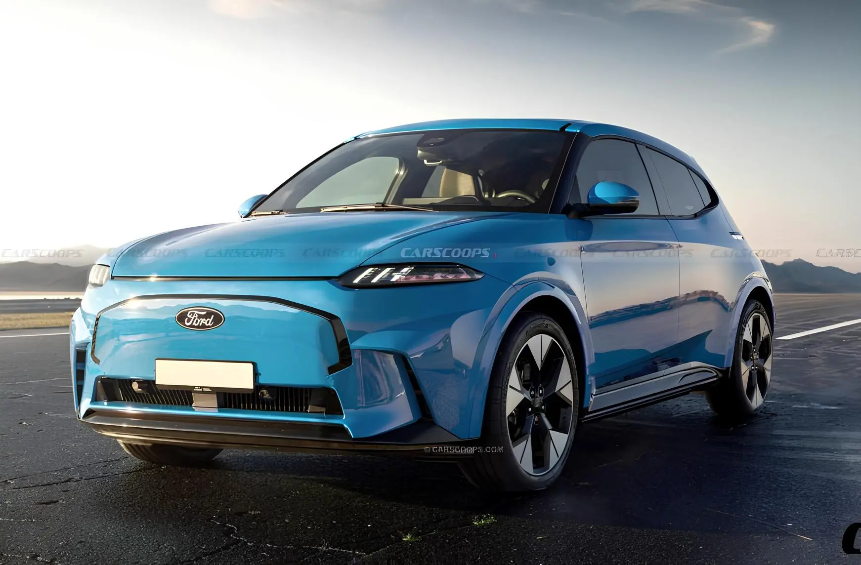 Синій електромобіль Ford у сучасному дизайні: компактний кросовер/хетчбек, передній ракурс
