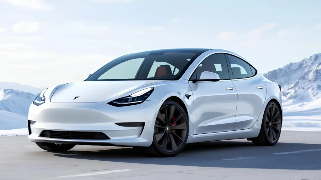 Электромобиль Tesla Model 3 белого цвета: вид спереди под углом на фоне заснеженных гор