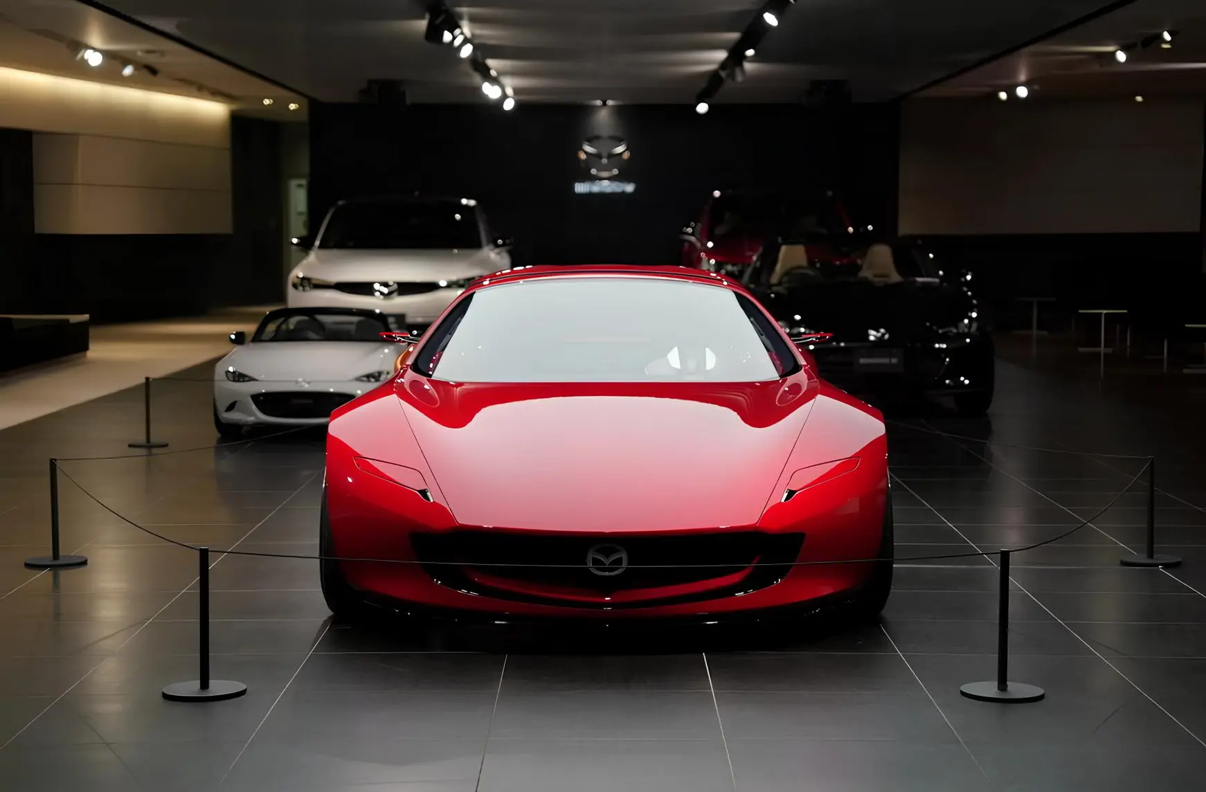 Червоний концепт-кар Mazda у шоурумі бренду на тлі інших авто Mazda, вигляд спереду