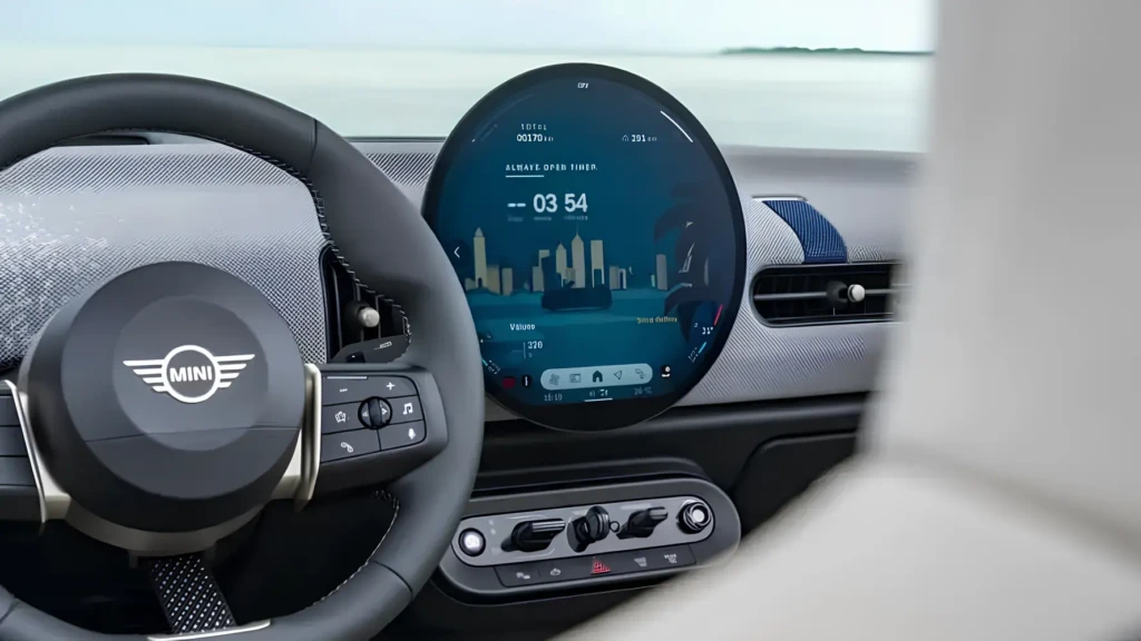 Інтер’єр MINI з великим круглим центральним дисплеєм на панелі приладів і кермом з логотипом MINI.
