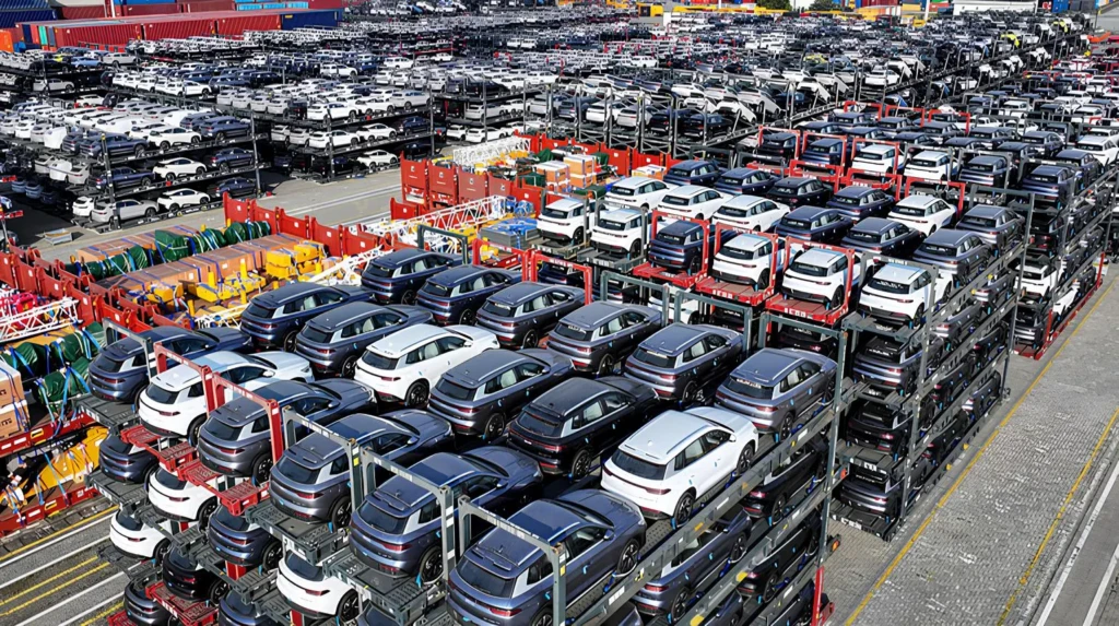 Автопорт із тисячами нових автомобілів на багаторівневих автовозних платформах, підготовка до відправлення.