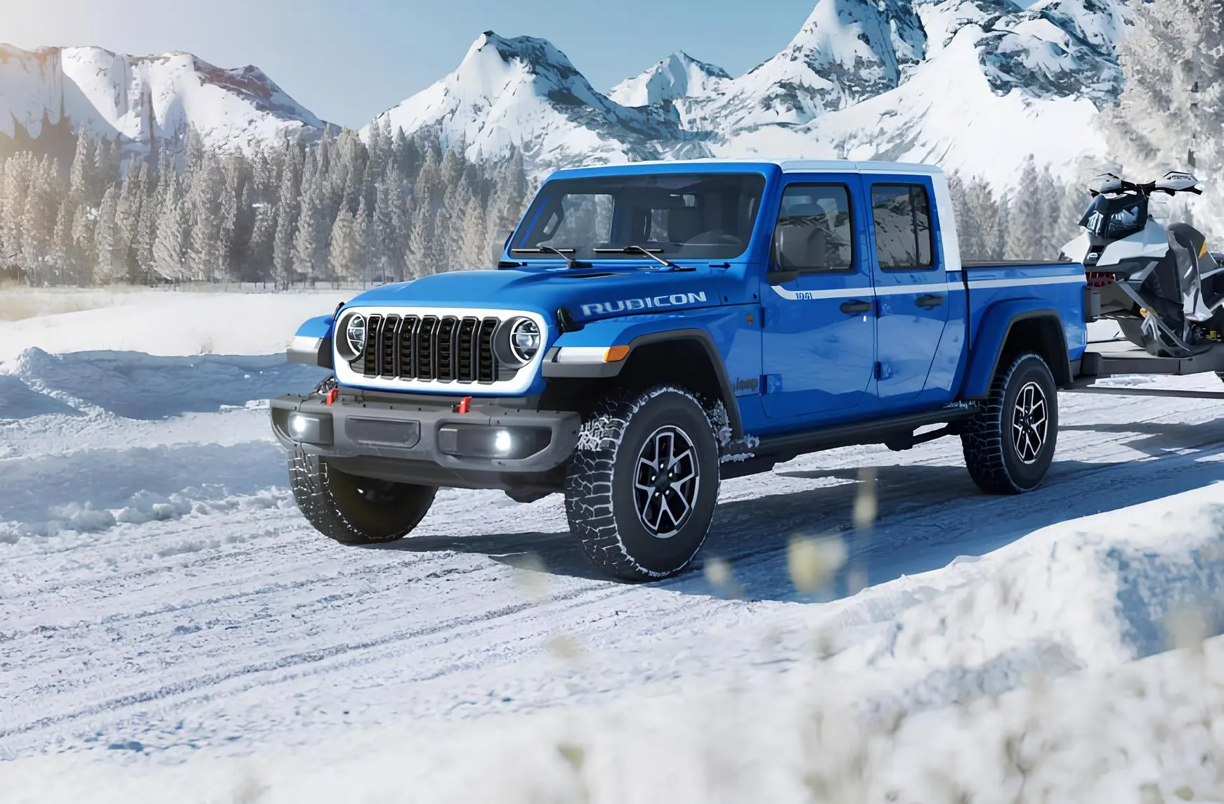Пікап Jeep Gladiator Rubicon на снігу в горах: повнопривідний позашляховик на зимовій дорозі