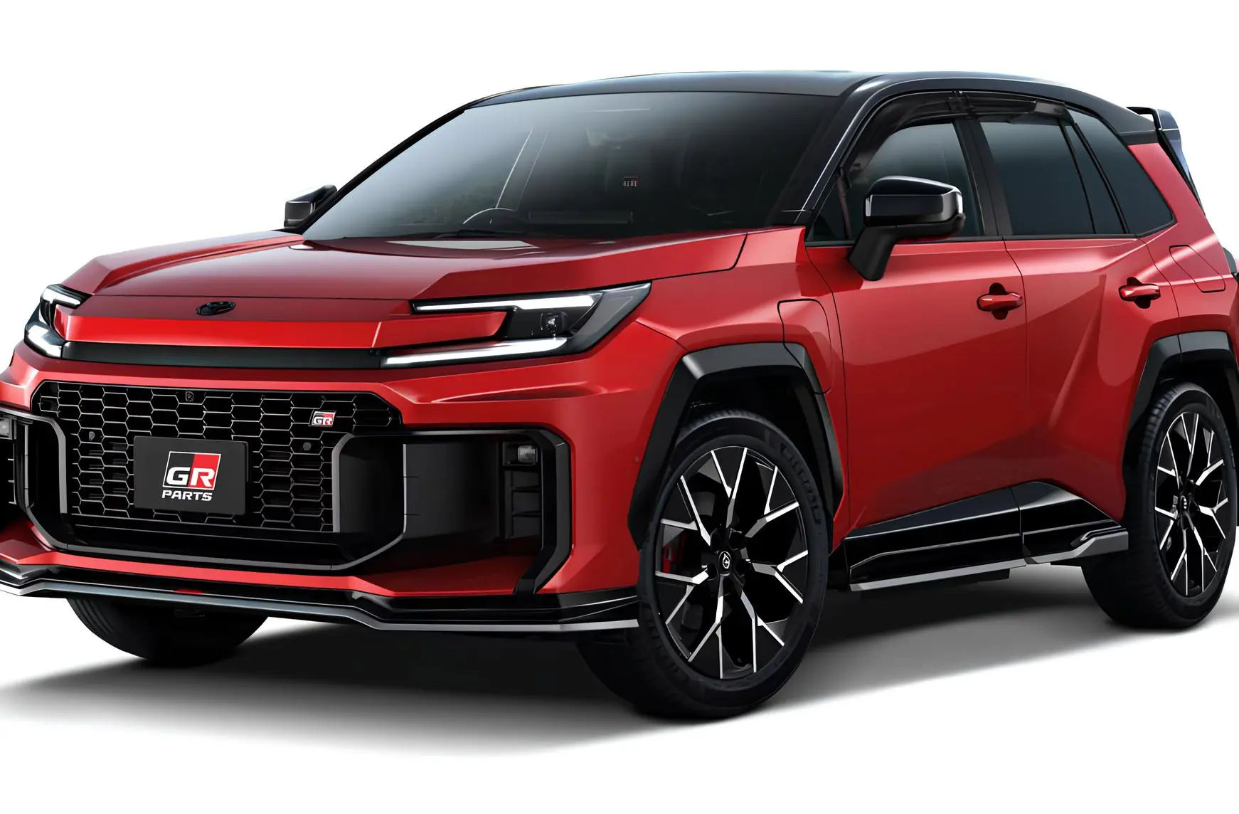Червоний кросовер у GR-стилі з аеродинамічним обвісом, вигляд спереду збоку на білому фоні