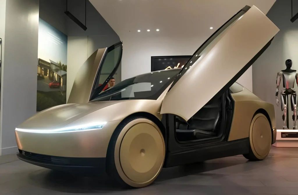 Футуристичний концепт-електромобіль у шоурумі з піднятими дверима типу «крила»