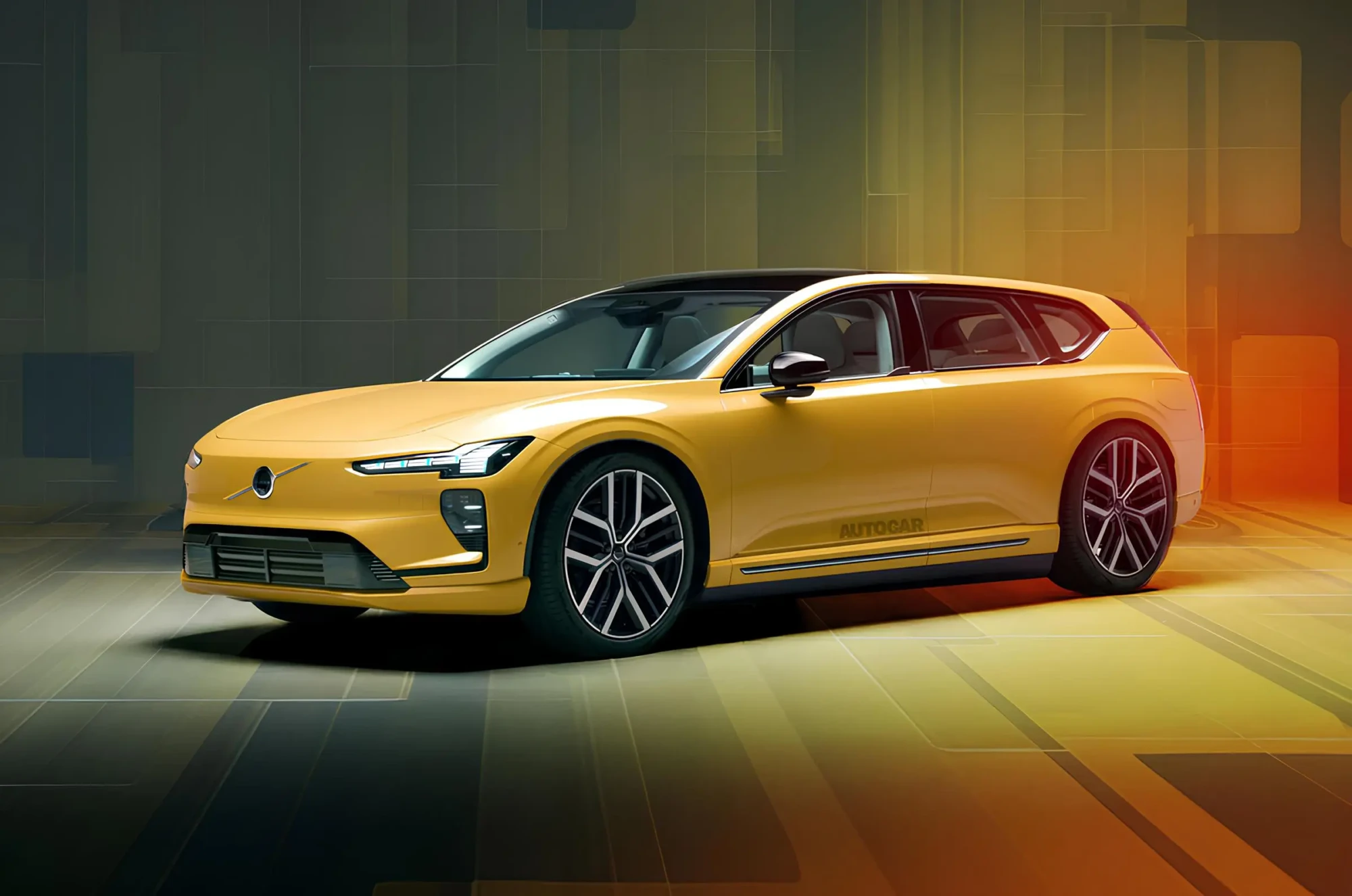 Volvo: жовтий електричний хетчбек/кросовер, боковий ракурс, LED-фари, студійний фон