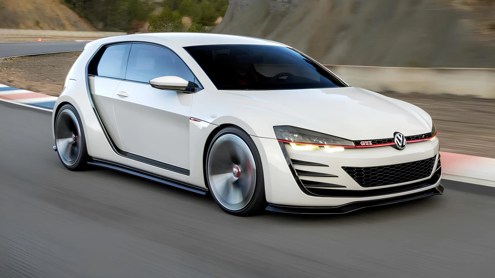 Volkswagen Golf GTI Concept у білому кольорі на трасі: спортивний хетчбек у русі, передній ракурс