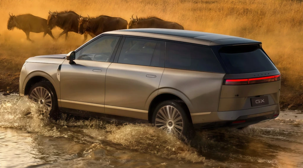 XPENG GX едет через мелководье в саванне: люксовый SUV, брызги воды и стадо антилоп