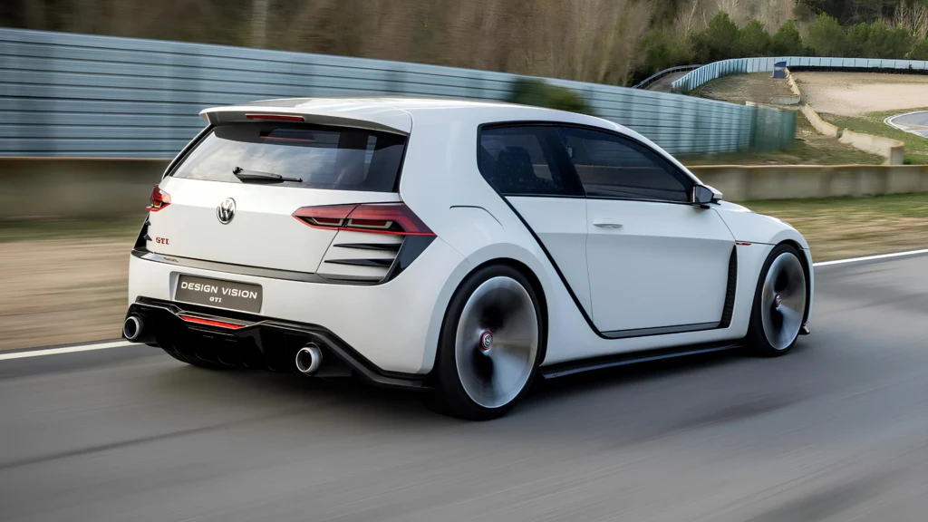 Volkswagen Golf GTI Design Vision Concept у русі на трасі, задній ракурс спортивного хетчбека