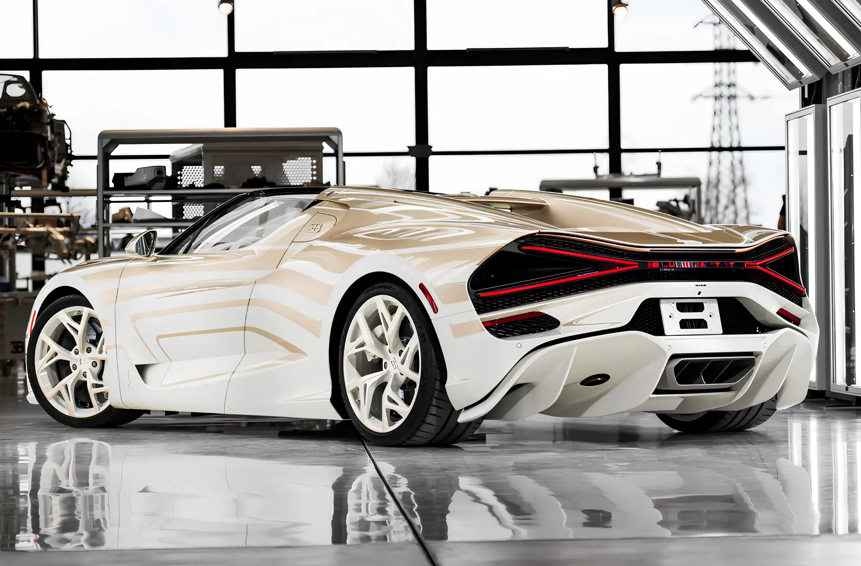 Білий гіперкар Bugatti Bolide у майстерні, вигляд ззаду збоку, акцент на задню оптику та аеродинаміку