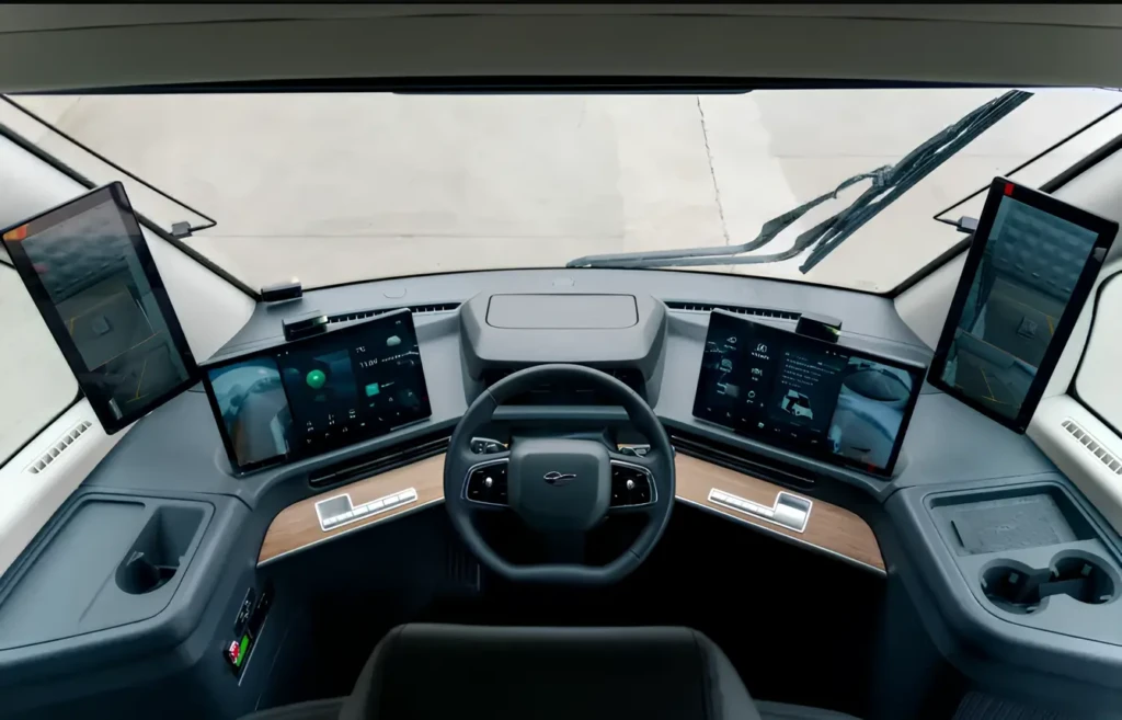 Панель управления в кабине грузовика с рулём и четырьмя экранами.