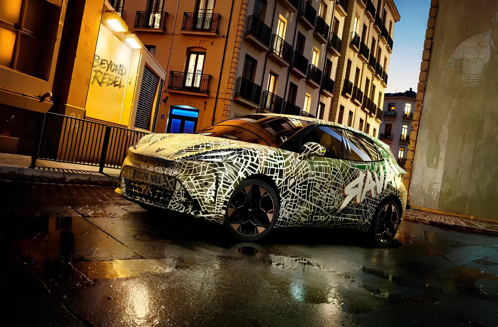 Замаскований прототип електрокара Cupra Raval на міській вулиці ввечері: камуфляж і підсвітка