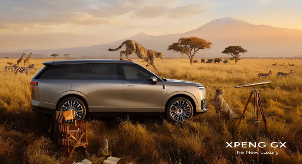 Преміальний SUV XPENG GX у профіль у савані: гепард на даху, атмосфера сафарі