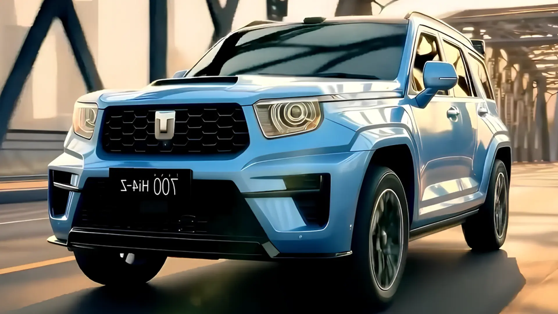 Блакитний Tank 700 Hi4-Z у русі міською дорогою, вид спереду збоку