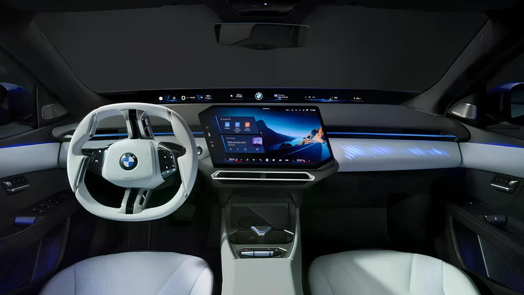 Інтер’єр BMW i3 2027 з цифровою панеллю приладів і великим центральним дисплеєм