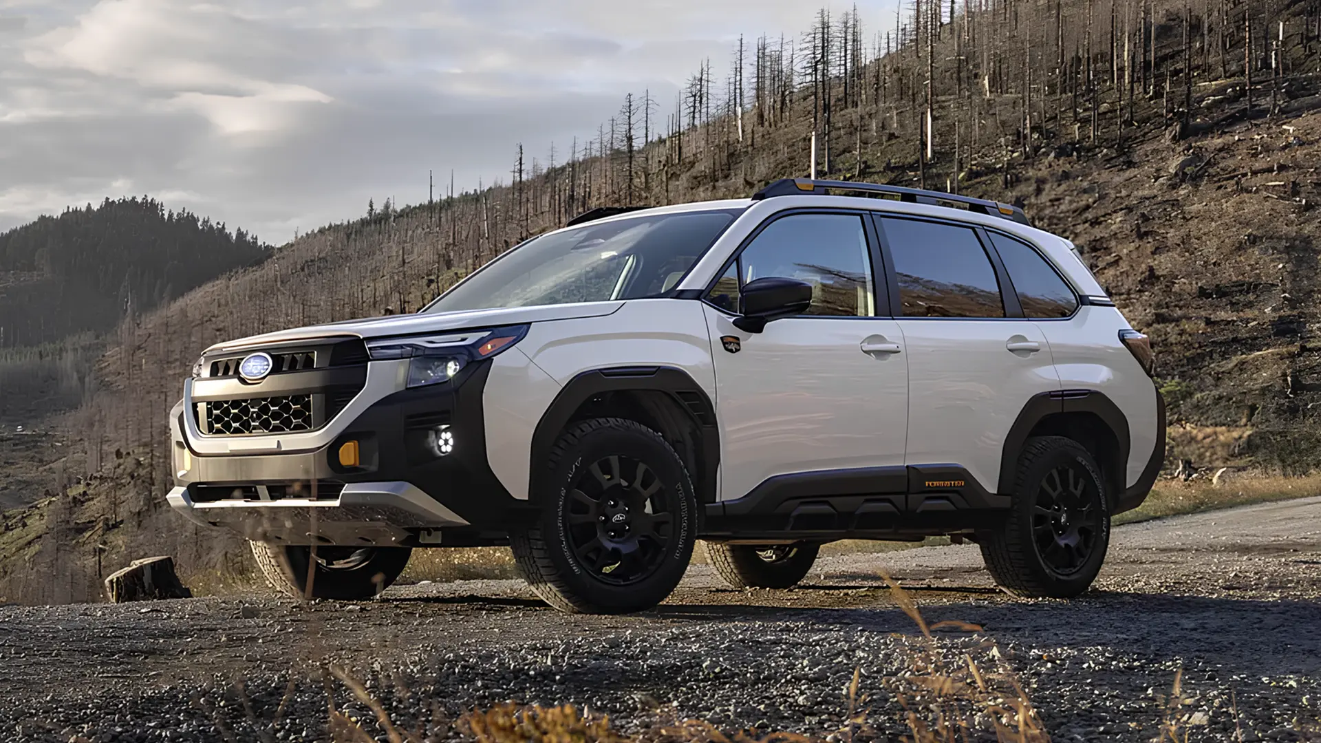 Subaru готує перший гібрид Wilderness, білий позашляховик на гірській дорозі