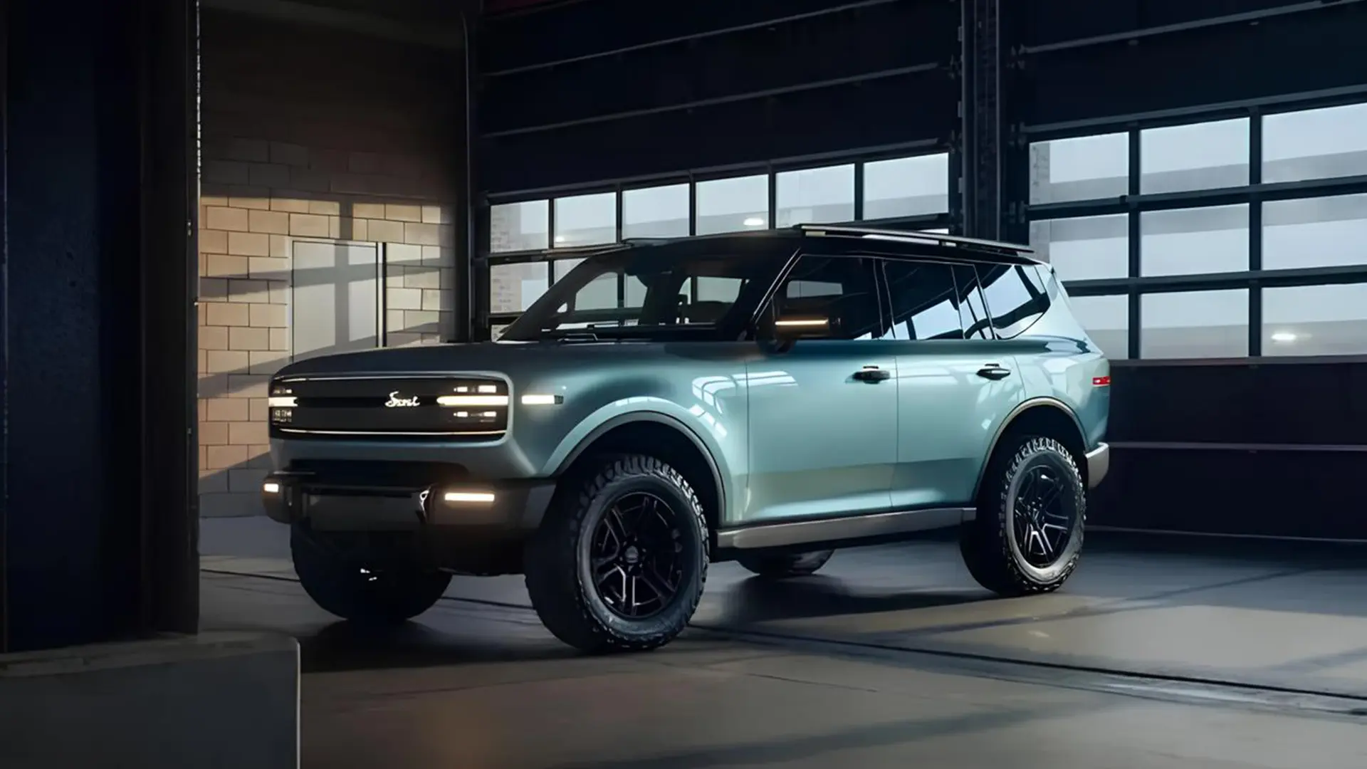 Великий електричний позашляховик у ретро-стилі в приміщенні, вид спереду збоку