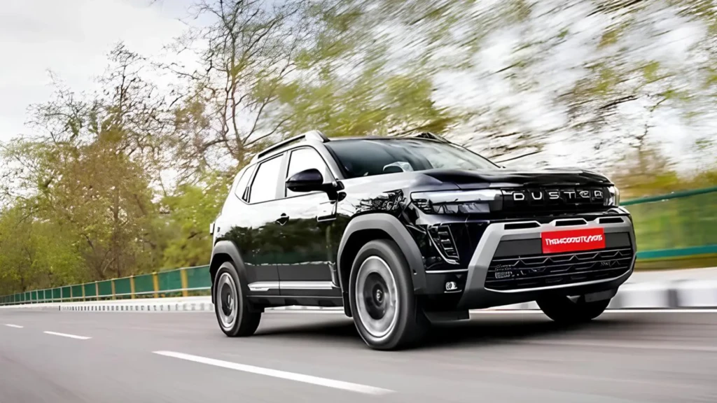 Renault Duster 2026 чорного кольору в русі на дорозі, вид спереду збоку