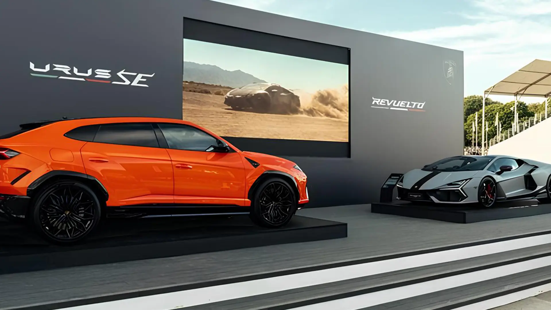 Нові моделі Lamborghini 2026 на презентаційному стенді з Urus SE та Revuelto