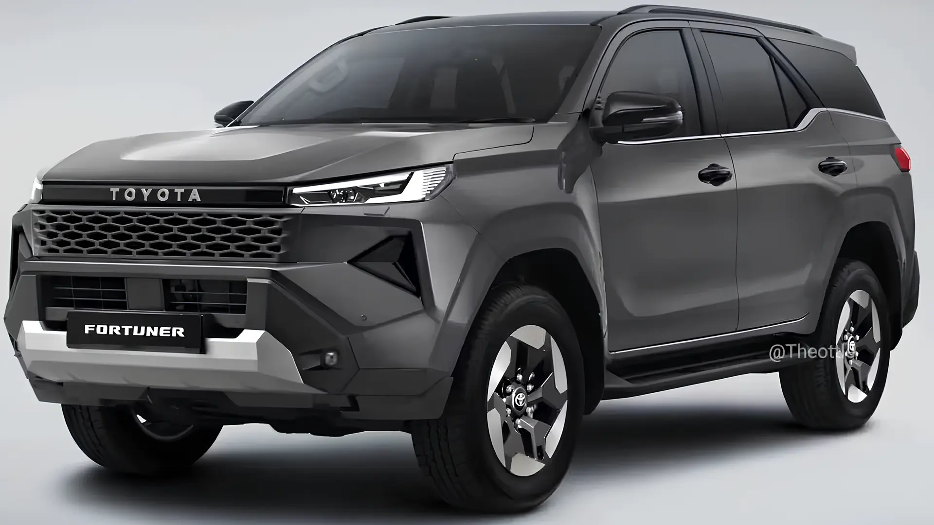 Новий Toyota Fortuner 2026 сірого кольору, вид спереду збоку