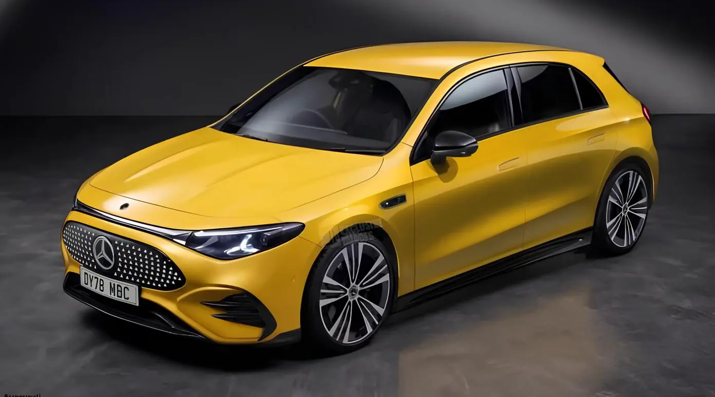 Електричний A-Class Mercedes: жовтий компактний хетчбек на студійному промозображенні
